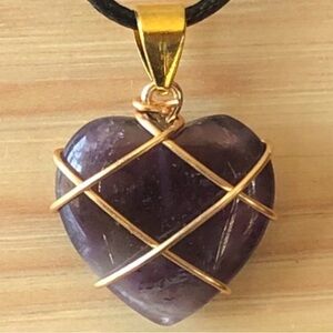 Amethyst Heart Pendant Wrapped in Gold Wire, NEW